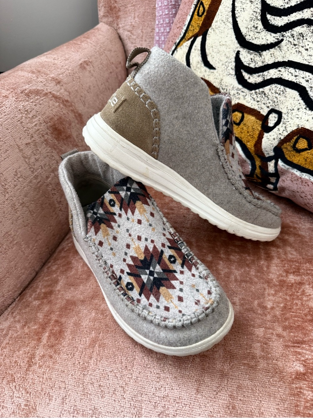 Hey Dude Women's Gray Slip-On Sneakers with Multicolor Aztec Print